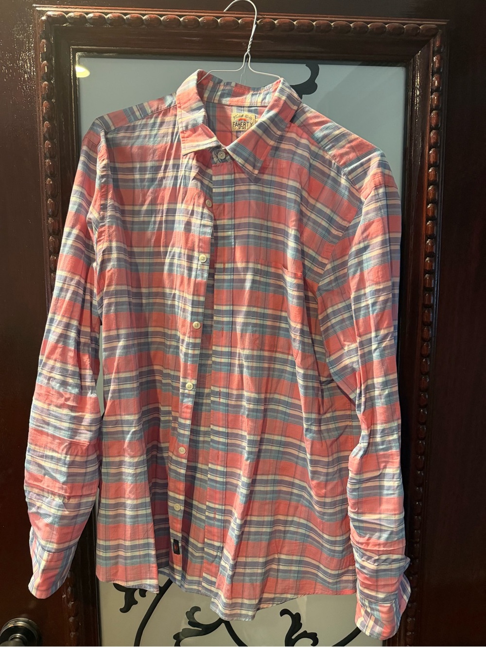 Faherty Coral and Blue Plaid Button-Down Shirt